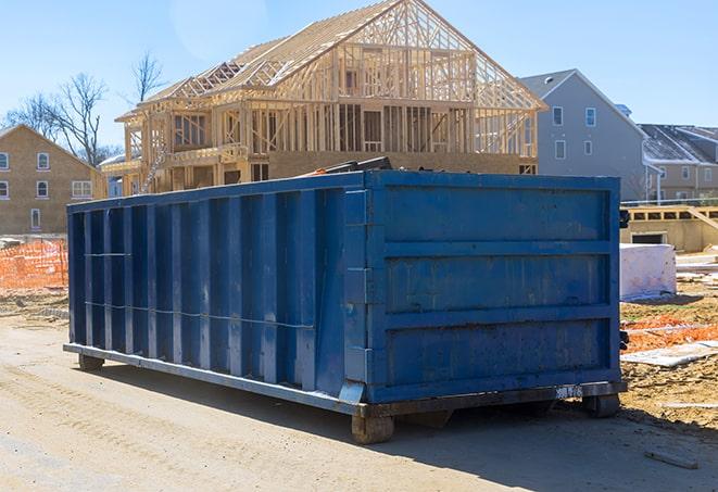 close-up of a residential dumpster with a city skyline in the background